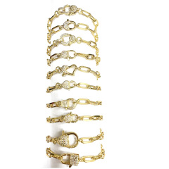 BC1325 Unique 18k Gold Plated Link Chain Bracelet with CZ Paved Heart Lobster Clasp Lock Closure for Ladies Women
