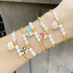 BC1369 Tiny gold beads and Pearl Beaded Bracelet with CZ Pave Enamel Pink ribbon cancer charm ,breast cancer awareness bracelet BC1369 Tiny gold beads and Pearl Beaded Bracelet with CZ Pave Enamel Pink ribbon cancer charm ,breast cancer awareness bracelet