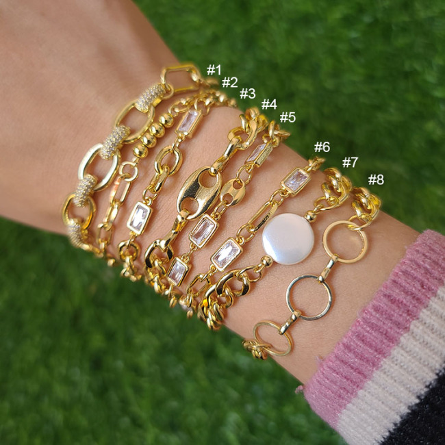 BC1413 Dainty Gold Coffee Bean Diamond Zircon Cubic Zirconia Rectangular Baguette Curb Link Chain Bracelets for Ladies