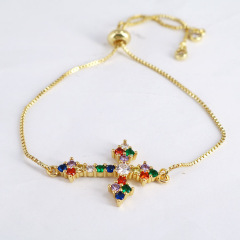 BC1269 Fashion  adjustable Gold plated Brass CZ Micro Pave tiny rainbow cross wrist chain women  bracelet