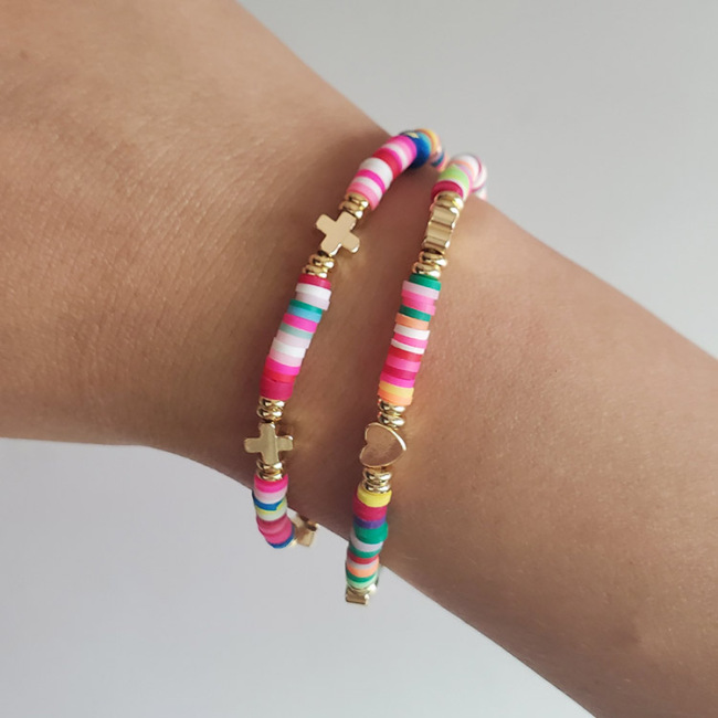 BP1015 Colorful Rainbow Polymer Disc Heishi Beaded Small Gold Star Heart Moon Beads Words Letters Inspirational Stack Bracelet
