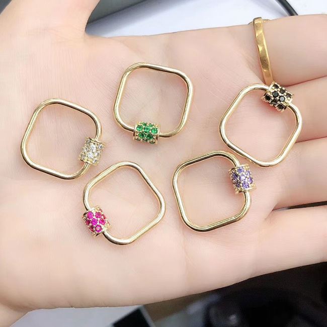 CZ7914 Rainbow CZ Micro Pave Square Screw Clasp, Gold Plated Square Shape Carabiner Clasp Buckle Lock
