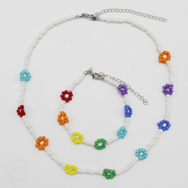 S11054 Chic Dainty Thin Mini Seed Beaded Daisy Flower Pattern Bracelet and Necklace Jewelry Set for Women Girls