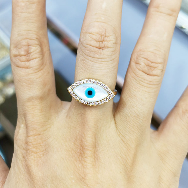 RM1208 Chic Dainty Diamond CZ Micro Pave White Mop Shell Mary hamsa Hand Evil Eyes Crown Finger Rings for Ladies Women