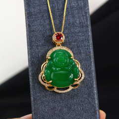 Brass Buddha Pendant Necklace Multi Color Natural Jade Religious Maitreya Jade Pendant Buddha Necklace