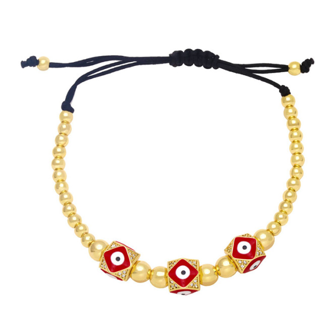 BM1093 18k Gold Plated Beaded Enamel Evil Eyes Dodecahedron Shape Bead Macrame Adjustable Bracelets