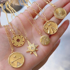 NZ1307 New Chic Gold CZ Diamond Rectangle Medal North Star Crescent Coin Disc Pendant Paperclip Link Chain Necklace