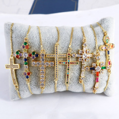 BC1269 Fashion  adjustable Gold plated Brass CZ Micro Pave tiny rainbow cross wrist chain women  bracelet
