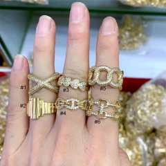 RM1199 New Dainty Minimalist Gold Plated Diamond CZ Micro Pave Criss X Heart Curb Cuban Chain Double Stack Cocktail Rings