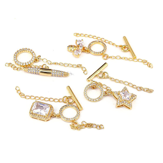 CZ8143 18K Gold Plated Star T-bar Closures Clasp, Diamond CZ Star Bee Charm Toggle Clasp Lock Buckle with Extension Chain