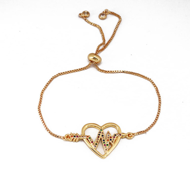BC1303 Chic Dainty 18K Gold plated Rainbow Zircon CZ Micro Paved Love Heart Slide Chain Bracelets