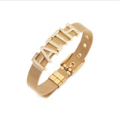 BC2004 Popular Gold Plated Stainless Steel Mesh Adjustable Wristband Bracelet with CZ Diamond Pave Letters Words Slider Charm