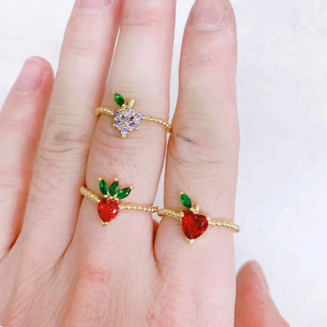 RM1228 New 18K Gold Plated Brass Big Stone Color Gemstone Fruit peach apple strawberry grape Tiny Link Chain Rings For Ladies