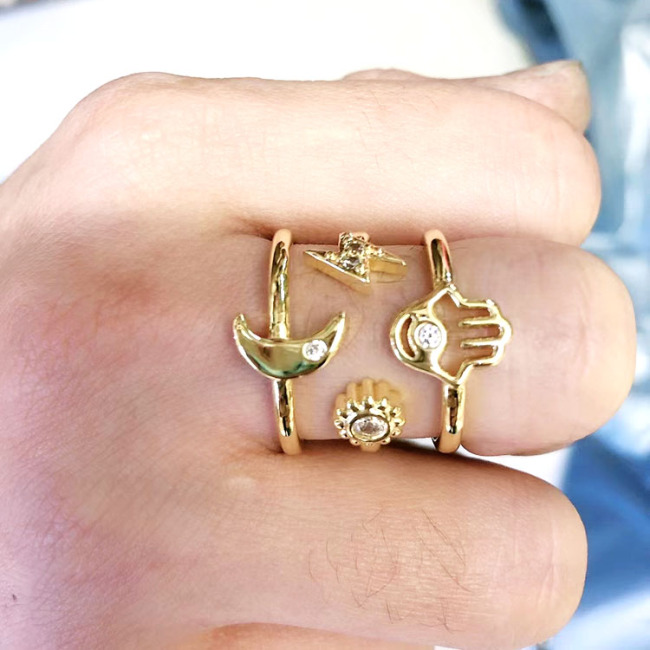 RM1173 18k gold plated cz micro pave assorted lightning moon sun hamsa hand stacking everyday celestial Finger rings for women