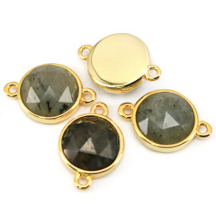 JF8707 Dainty Gold Plated Faceted Natural Labradorite Semiprecious Stone Gemstone Round Bezel Two Ring Connector