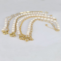 NP1020 Fashion Popular Chic Gold Half Freshwater Pearl Half Paperclip Link Chain Spring Sailors Spring Clasp Necklace