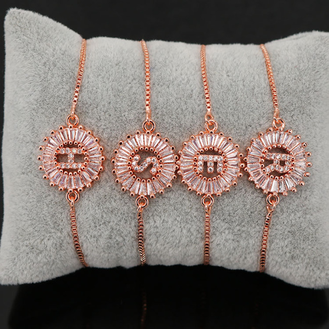 BC1163 Fashion design Wholesale Bling Crystal Rose gold plated Micro Pave Cz Initial Letter Charm Bracelet with Slide Chain
