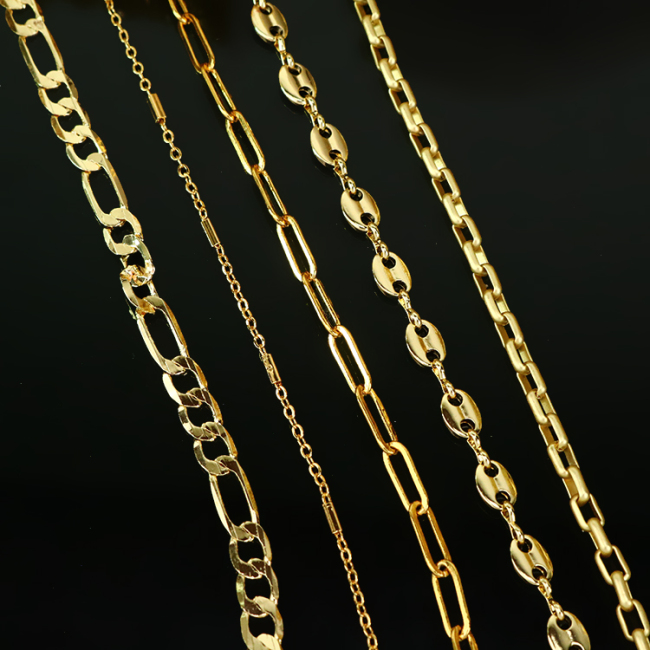 BCL1213 Shiny 18k gold plated brass pig nose coffee bean chain faceted curb flat chains figaro chain  jewelry findings