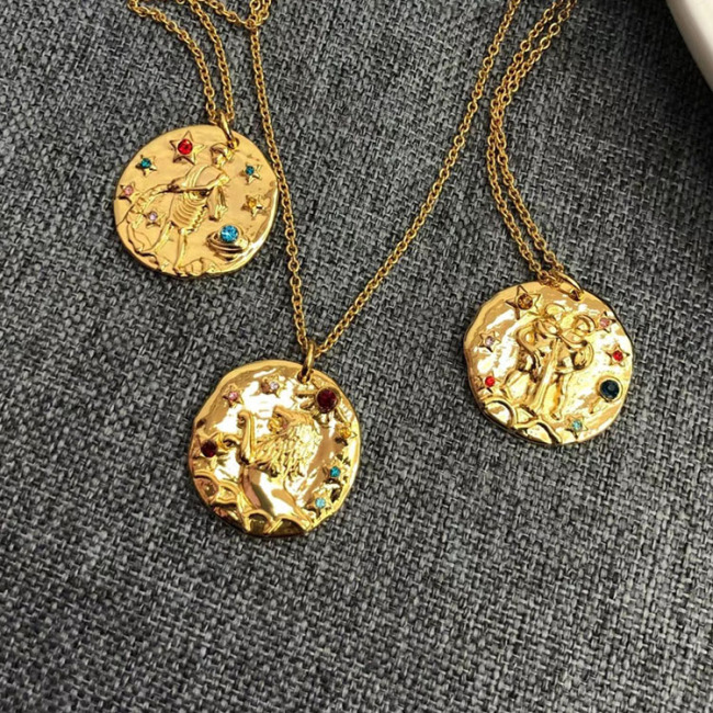 NZ1143 Star Constell Rainbow Gold Plated Brass CZ Micro Pave Horoscope Zodiac Sign Round Coin Disc Pendant Necklace