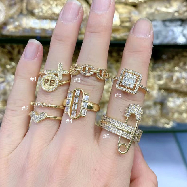 RM1197 New Dainty Minimalist Gold Plated Diamond CZ Micro Pave Fe Cross Heart Safety Pin Oval Double Stack Cocktail Rings