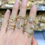 RM1197 New Dainty Minimalist Gold Plated Diamond CZ Micro Pave Fe Cross Heart Safety Pin Oval Double Stack Cocktail Rings