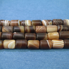 AB0855 Jewelry Mala Focal Beads Matte Natural Brown Coffee Banded Striped Agate Column Cylinder Barrel Beads