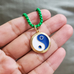 NM1080 2021 Summer Beach Jewelry Gold Plated Neon Enamel Rainbow Yin Yang Pendant with Enamel Box Chain Necklace