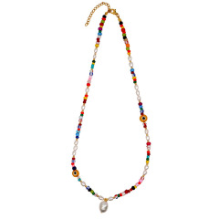 NP1002 Chic Bohemian Gold Rainbow Evil Eyes Beaded Pearl Statement Pendant Layering Necklace Jewelry