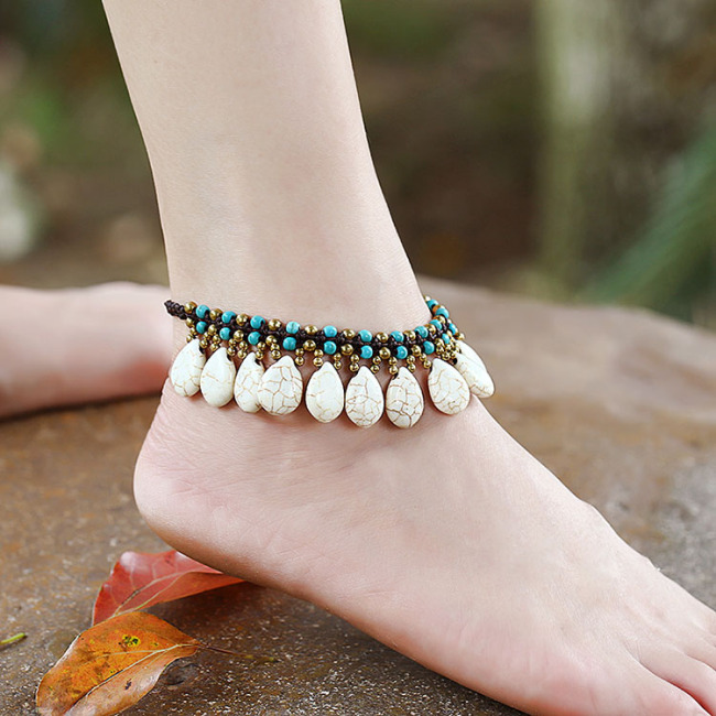 Handmade Turquoise & Non Tarnish Brass Beaded Anklets Jewelry, Boho Bohemian Beach Jewery Ankle Bracelet  for Girls Women