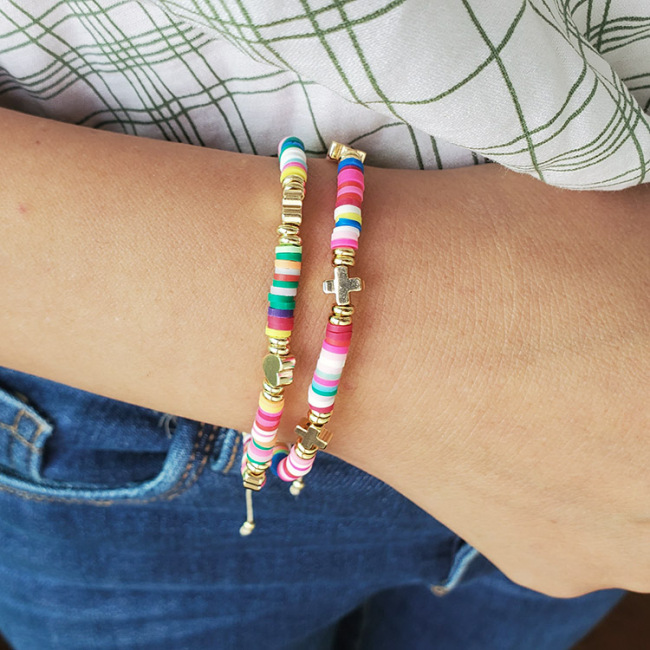 BP1015 Colorful Rainbow Polymer Disc Heishi Beaded Small Gold Star Heart Moon Beads Words Letters Inspirational Stack Bracelet