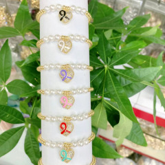 BC1369 Tiny gold beads and Pearl Beaded Bracelet with CZ Pave Enamel Pink ribbon cancer charm ,breast cancer awareness bracelet