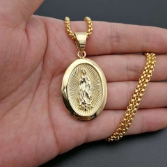 Unisex High Quality Tarnish Free 18k Gold Plated Stainless Steel Crystal virgen de guadalupe Pendant Necklace