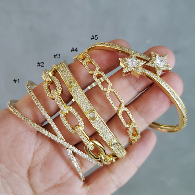 BC2027 Chic 18k Gold plated Diamond CZ Micro Pave Cross Star Curb Cuban Chain Handcuff Cuff Stacking Bangle Bracelets