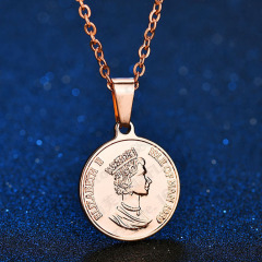 NS1123  Trendy Christian Jewelry Steel Elizabeth Coin Pendant Necklace,Stainless Steel Gold Plated Circle women Necklace
