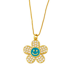 NZ1221 NEW 18K gold plated brass cz diamond micro pave enamel sun flower smiley Charm Pendant Necklaces