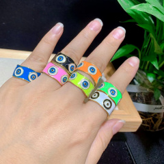 RA1049 High Quality New 18k Gold Plated Chunky Colorful Enamel Rainbow Evil Eye Wide Band Open Rings