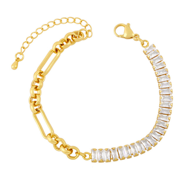 BC1386 18K Gold Plated Half Curb Chain Half CZ Cubic Zirconia Baguette Tennis Toggle Bracelets