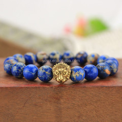 BRS1502-5 natural gemstone blue imperial jasper stainless steel lion head bracelet