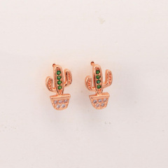 EC1188 Dainty Gold Minimalist Cactus Earring Cubic Zirconia Pave Earrings for Women, Mini CZ Cactus Charm Earrings