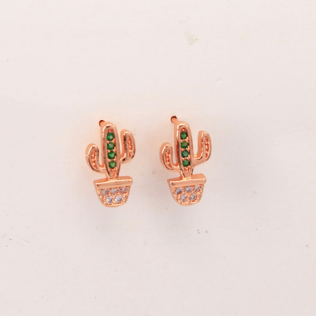 EC1188 Dainty Gold Minimalist Cactus Earring Cubic Zirconia Pave Earrings for Women, Mini CZ Cactus Charm Earrings