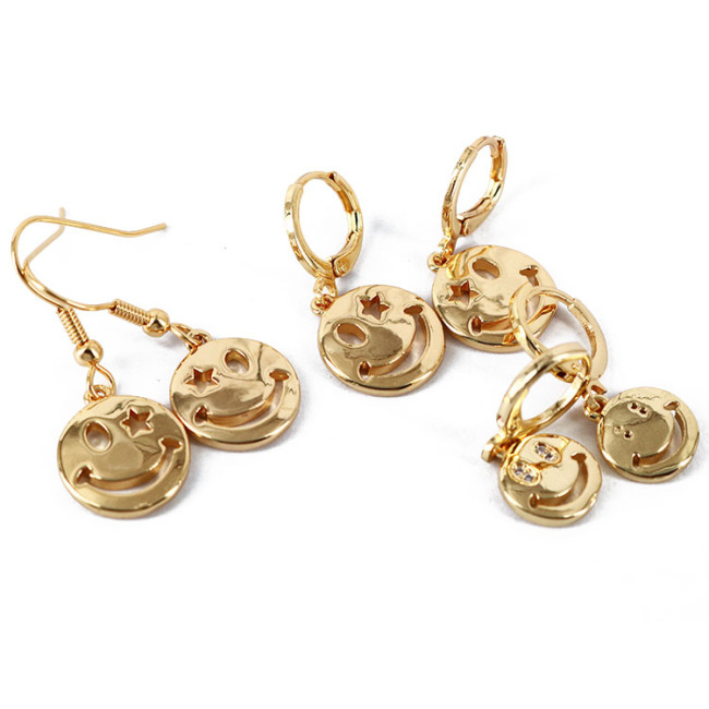 EC1730 Smiley Jewelry Earring Collection Gold plated CZ Diamond Pave Smile Face Smiley Dangle Charm Huggie Earrings