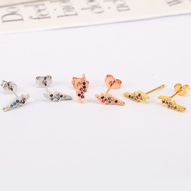 EC1155 Colorful Dainty Tiny Gold Minimal Mini Minimalist Studs Cubic Zirconia Pave Lightning Arrow Stud Earrings for Women