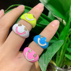 RM1265 New Neon Enamel Thick Band Ring 18K gold plated CZ diamond pave happy face smiley metal stackable Rings for Ladies