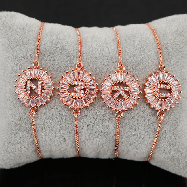 BC1163 Fashion design Wholesale Bling Crystal Rose gold plated Micro Pave Cz Initial Letter Charm Bracelet with Slide Chain