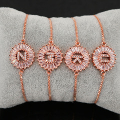 BC1163 Fashion design Wholesale Bling Crystal Rose gold plated Micro Pave Cz Initial Letter Charm Bracelet with Slide Chain