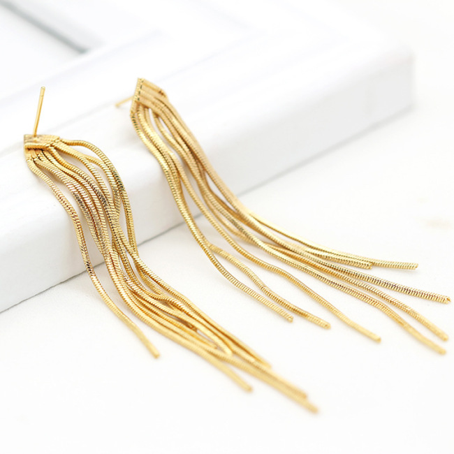 EM1114 High Quality Bohemia 18k cz paved tasssel earring 14k Gold Plated Brass Chain Fringe Tassel Earrings
