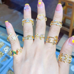 RM1393 Chic Delicate Everyday Stacking 18k Gold Plated Baguette CZ Paved Heart Moon and Star Double Band Rings for Ladies