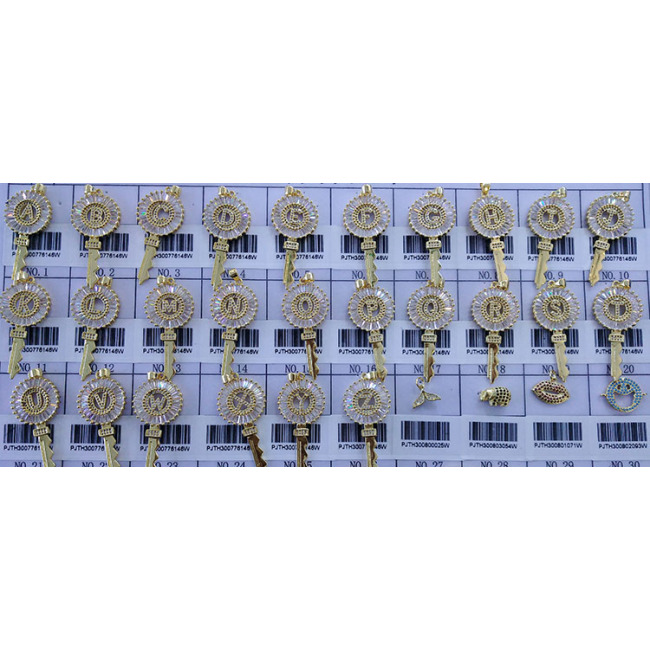 CZ Micro Diamond Pave Letter Key Charm Pendants,Cubic Zirconia Inlaid Bailed Key Initial Copper Pendant