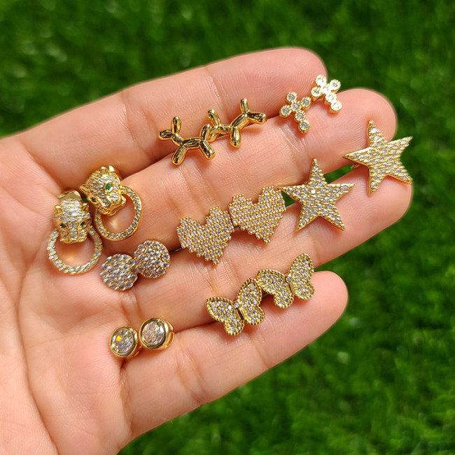 EC1441 Chic Dainty Clear Diamond CZ Micro Pave Star Square Balloon Puppy Butterfly Smiley Stud Earrings