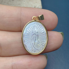 18k Gold Plated Mother of Pearl Shell Rectangle Virgin Mary Our Lady of Guadalupe Medallion Catholic Religious Sacred Pendants